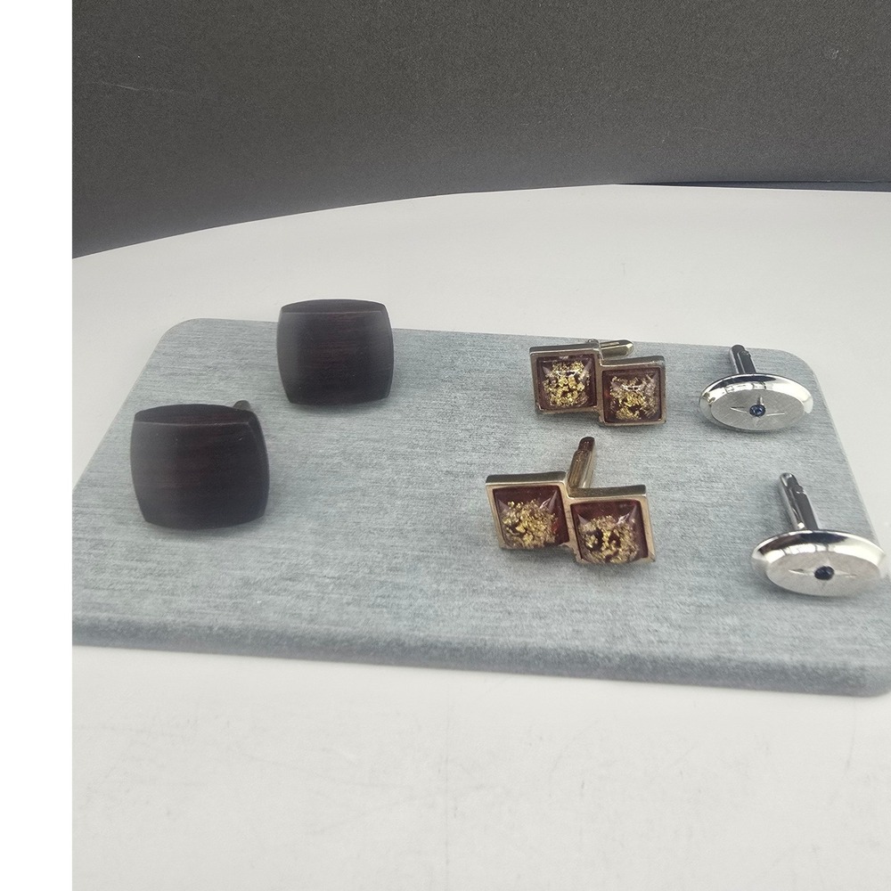 Vintage Estate Cufflinks Lot Gold Silver Tone Wood Foil Starburst 3 Pairs